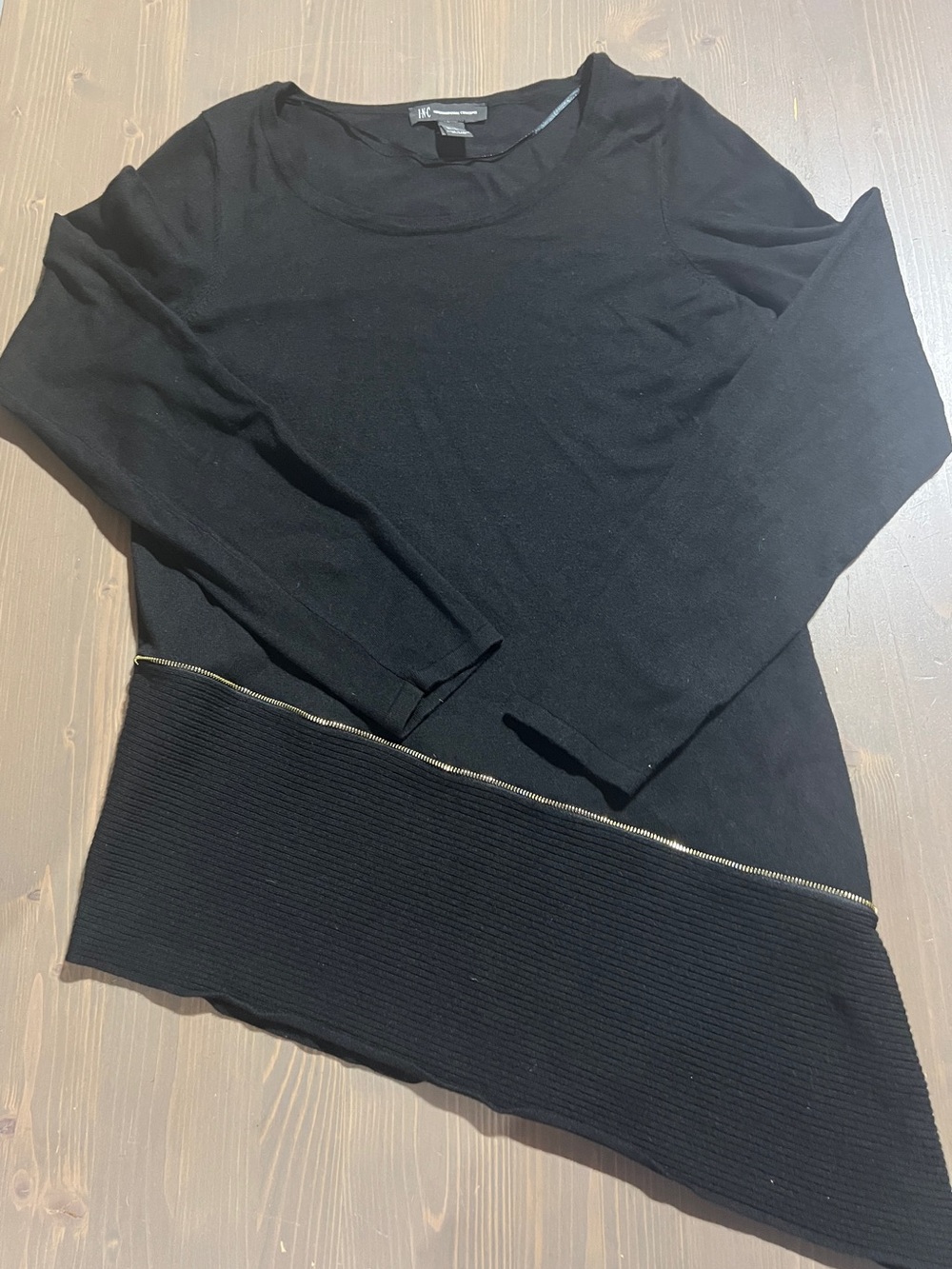 INC International Concepts Black Long Sleeve Sweater with Gold Trim Zipper.